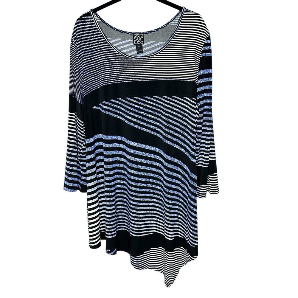 Ciara Sun‎ Woo Womens Striped Asymmetrical Hem Shirt XL Lagenlook Artsy Stretch